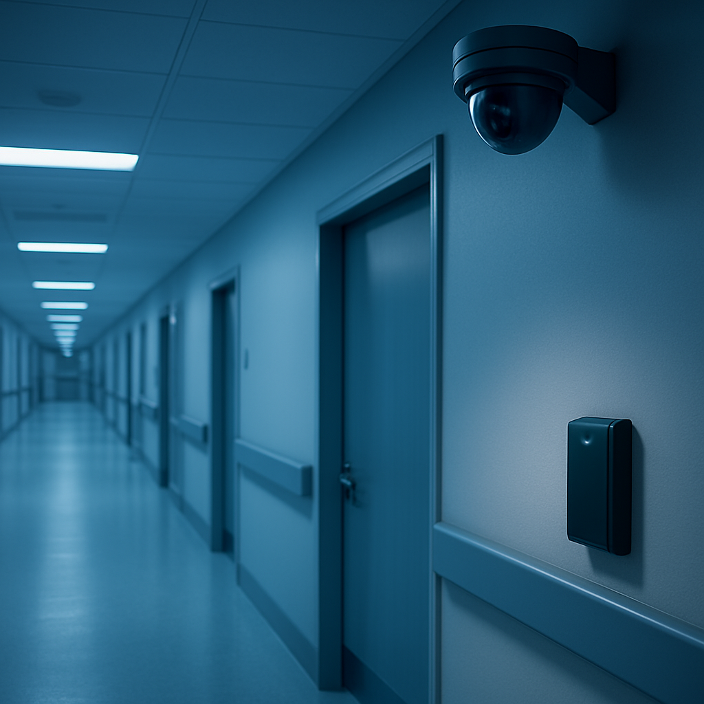 Modern hospital corridor secured with ceiling-mounted cameras and access-control readers